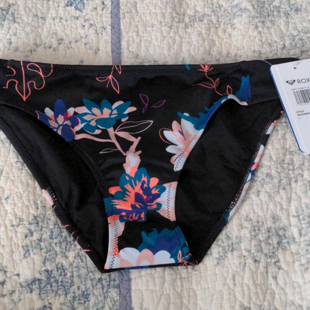 Roxy full bikini bottom black floral S nwt
